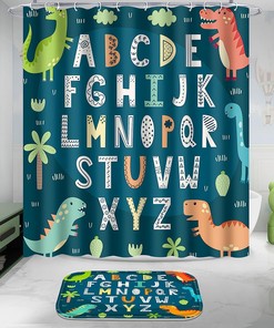 Alphabet Cartoon Dinosaur and Red Rose Valentine's Day Shower Curtain for Kid's Bathroom