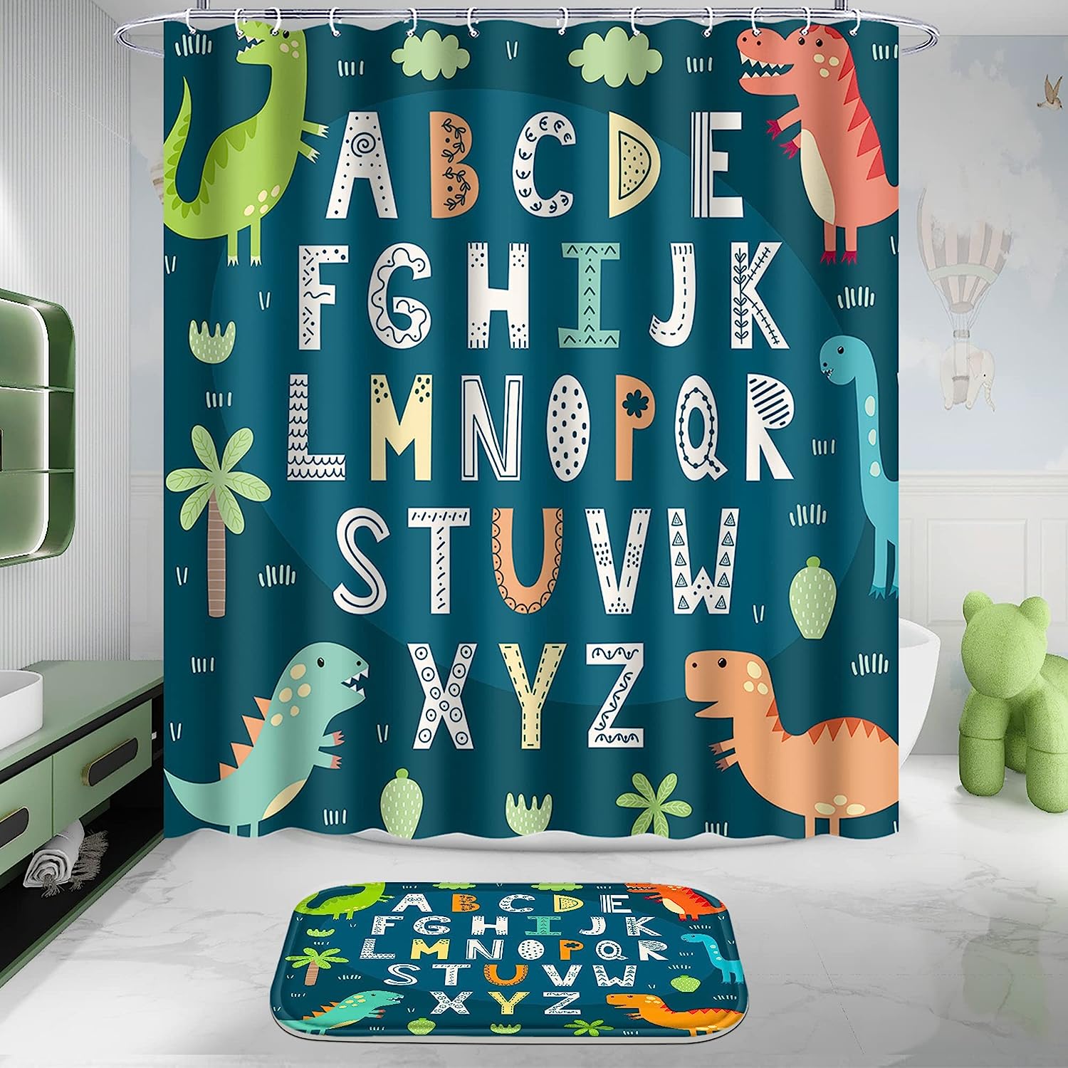Alphabet Cartoon Dinosaur and Red Rose Valentine's Day Shower Curtain for Kid's Bathroom