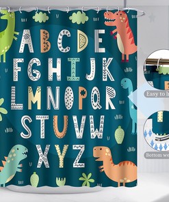 Alphabet Cartoon Dinosaur and Red Rose Valentine's Day Shower Curtain for Kid's Bathroom