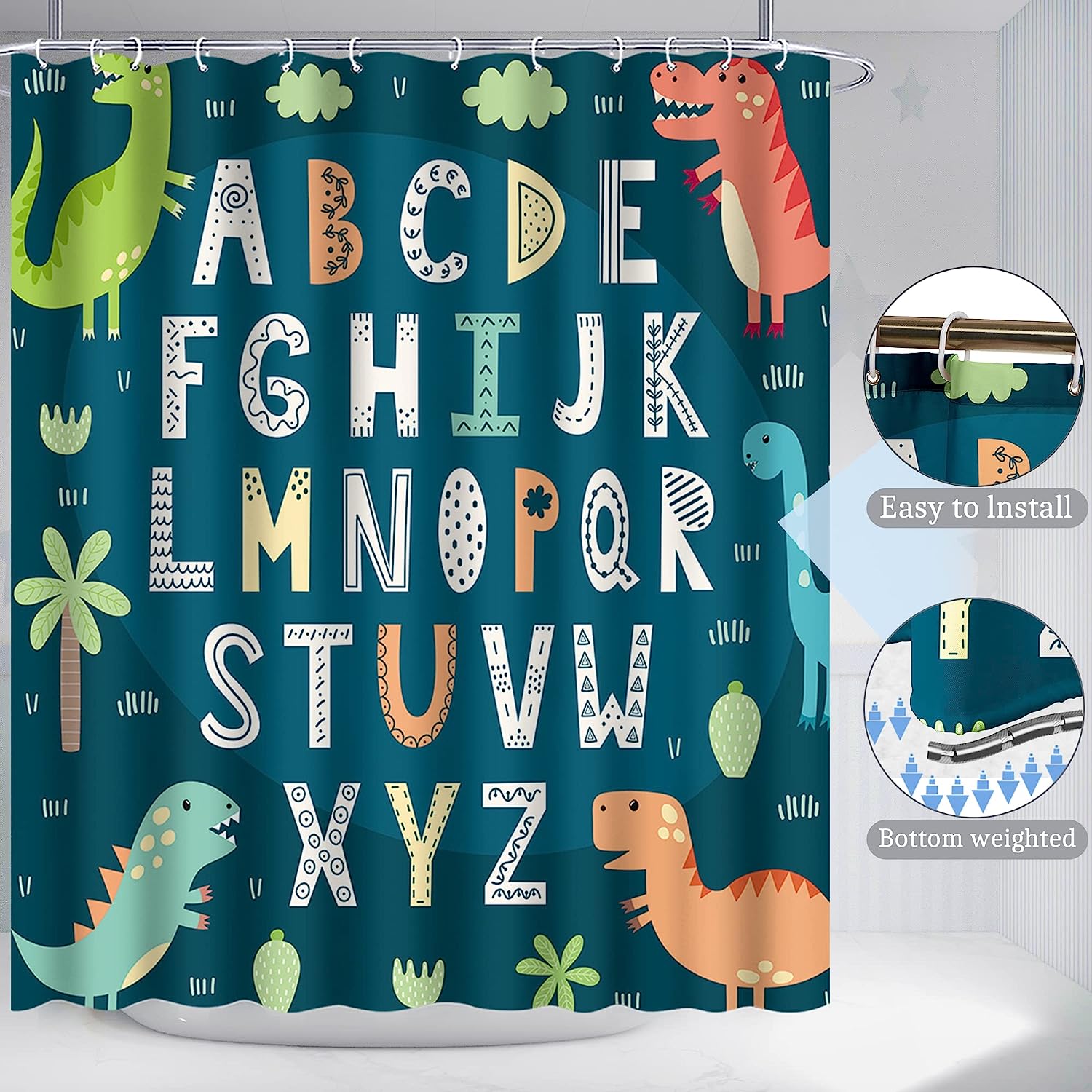 Alphabet Cartoon Dinosaur and Red Rose Valentine's Day Shower Curtain for Kid's Bathroom