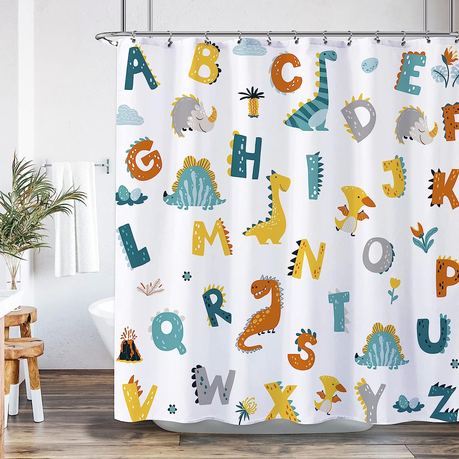 Alphabet Dinosaur Kids Bathroom Shower Curtain for Educational Learning