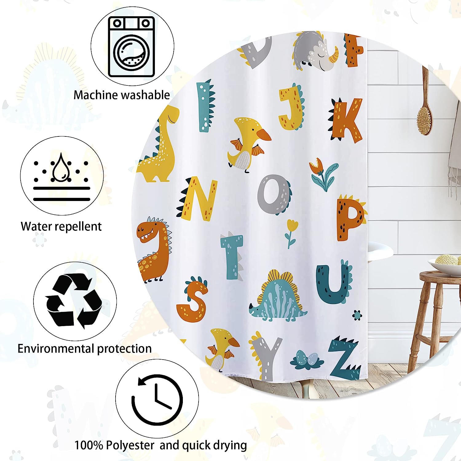 Alphabet Dinosaur Kids Bathroom Shower Curtain for Educational Learning