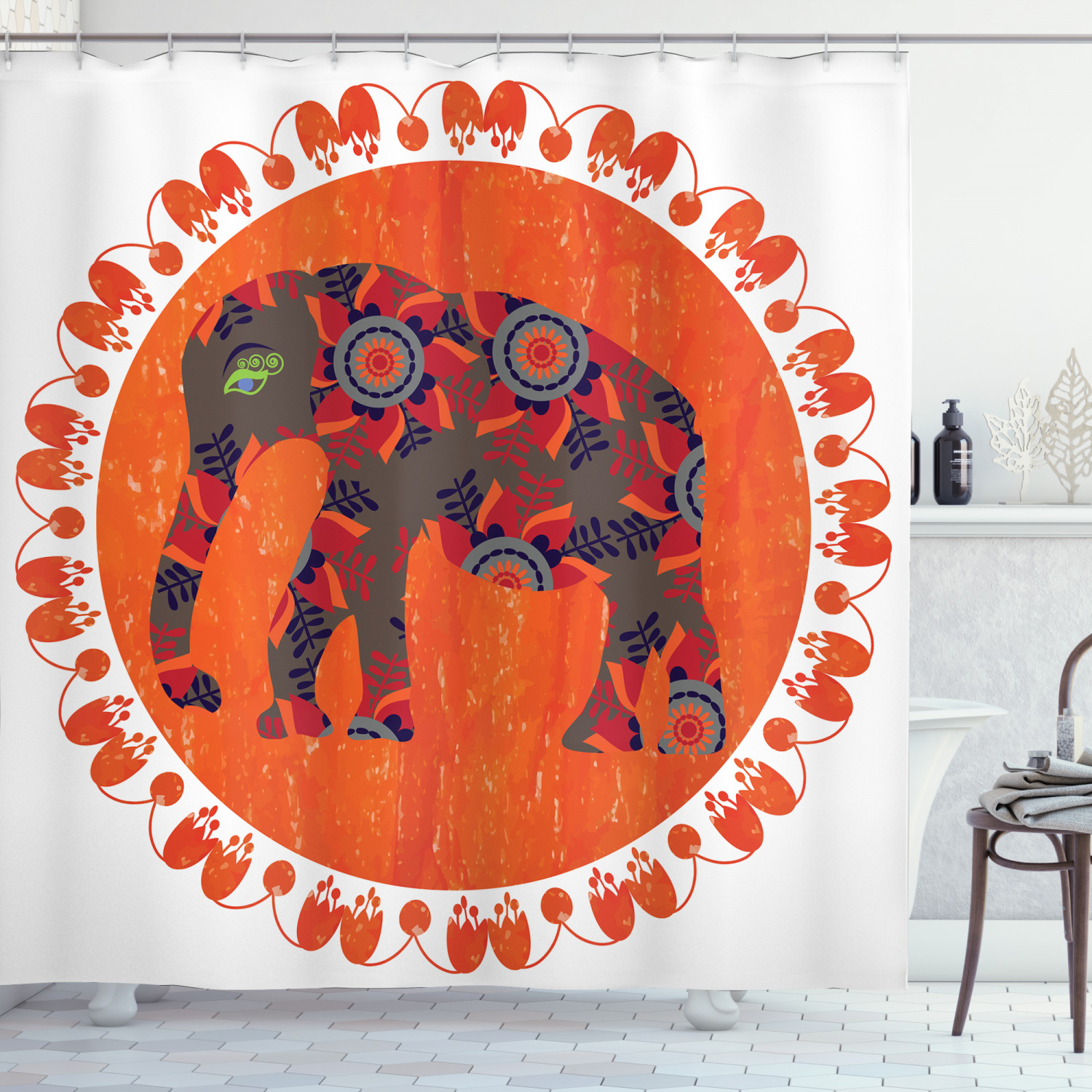 Amazing Elephant Shower Curtain With Asian Sketch Vibrant Print For Your Bathroom