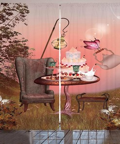 Ambesonne Alice In Wonderland Shower Curtains With Cake Butterfly Forest Cartoon Art, 2 Panels, Pale Coral