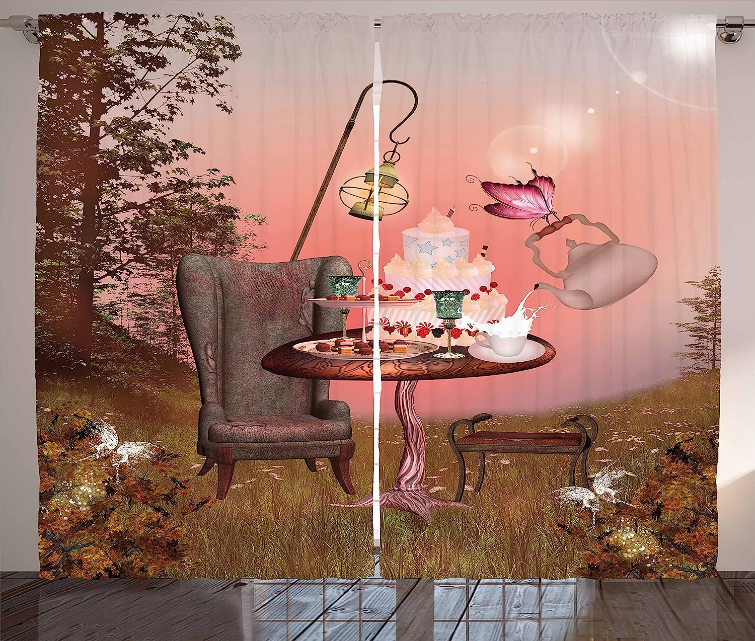 Ambesonne Alice In Wonderland Shower Curtains With Cake Butterfly Forest Cartoon Art, 2 Panels, Pale Coral