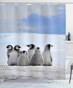Ambesonne Arctic Animals Shower Curtain With Young Penguins And Snow Pile Winter Sky Background Bathroom Decors