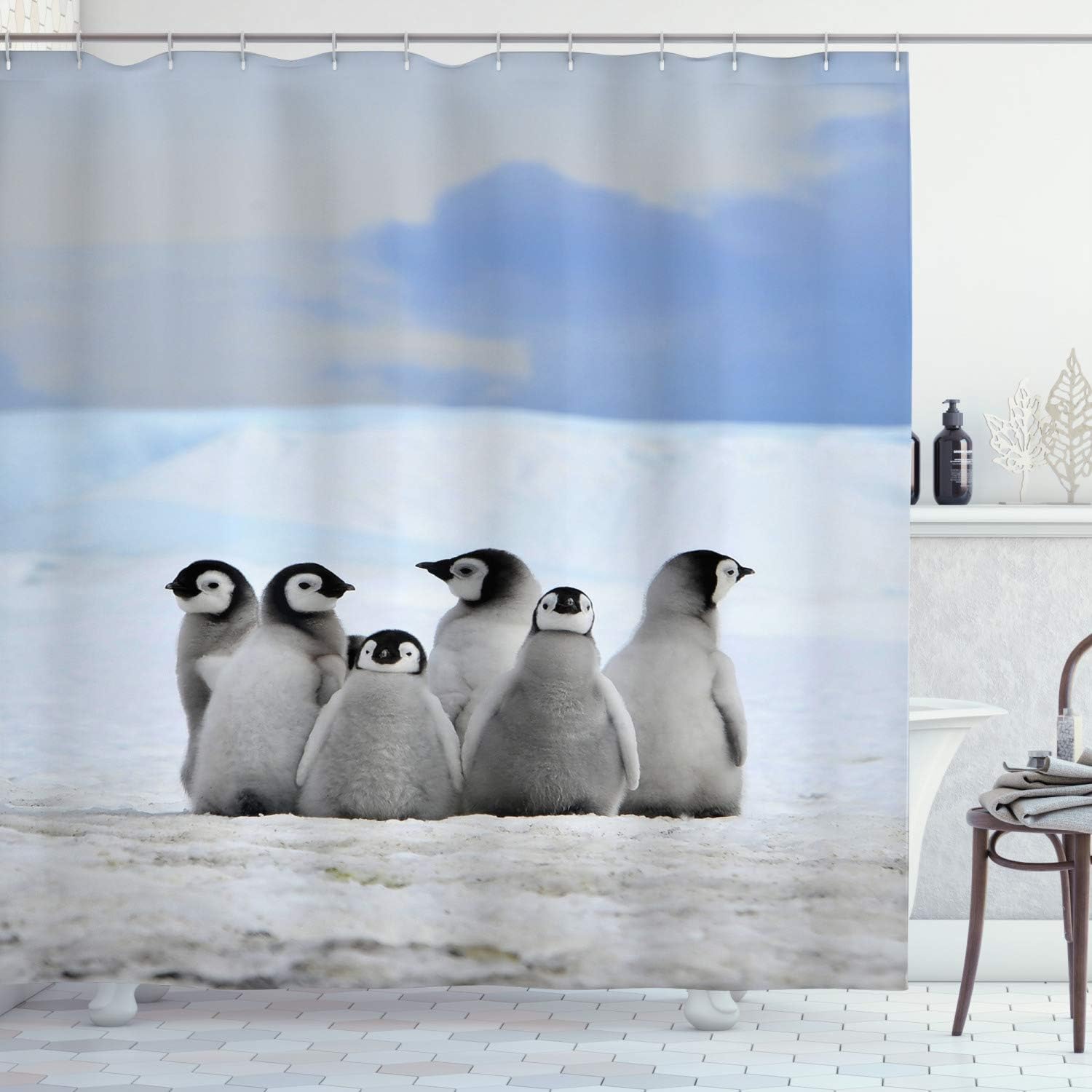 Ambesonne Arctic Animals Shower Curtain With Young Penguins And Snow Pile Winter Sky Background Bathroom Decors