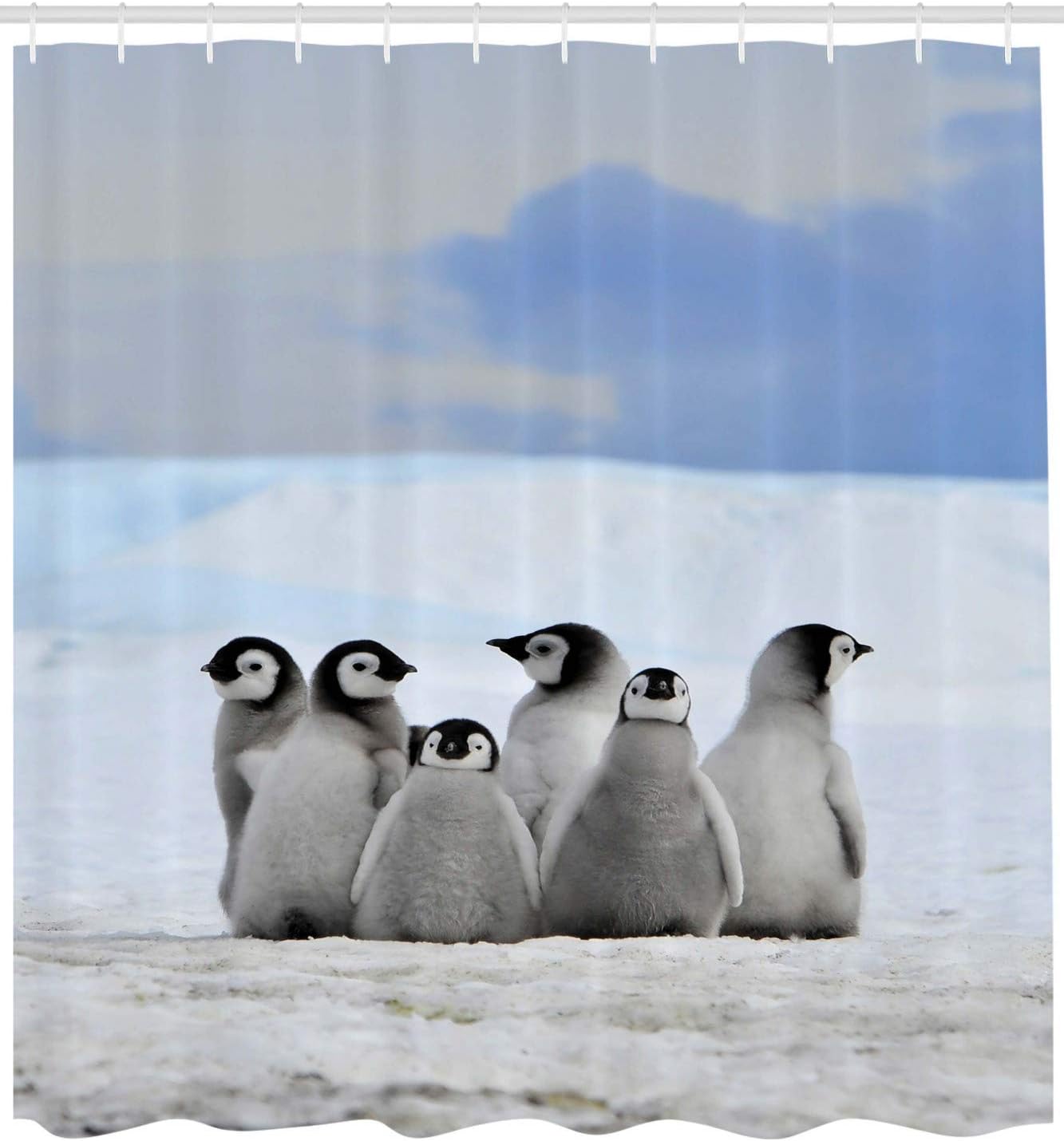 Ambesonne Arctic Animals Shower Curtain With Young Penguins And Snow Pile Winter Sky Background Bathroom Decors - Image 2