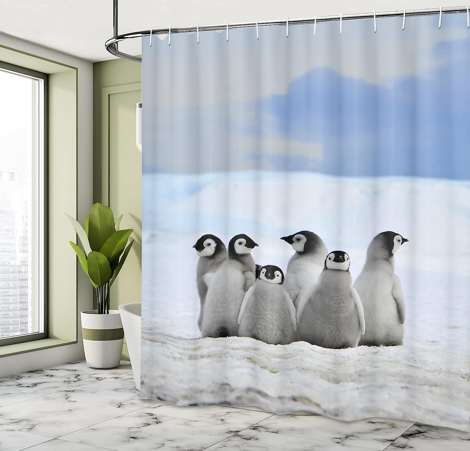 Ambesonne Arctic Animals Shower Curtain With Young Penguins And Snow Pile Winter Sky Background Bathroom Decors - Image 4