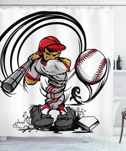 Ambesonne Baseball Cartoon Shower Curtain Style Player Hitting The Ball, Grey Red White Bathroom Decors