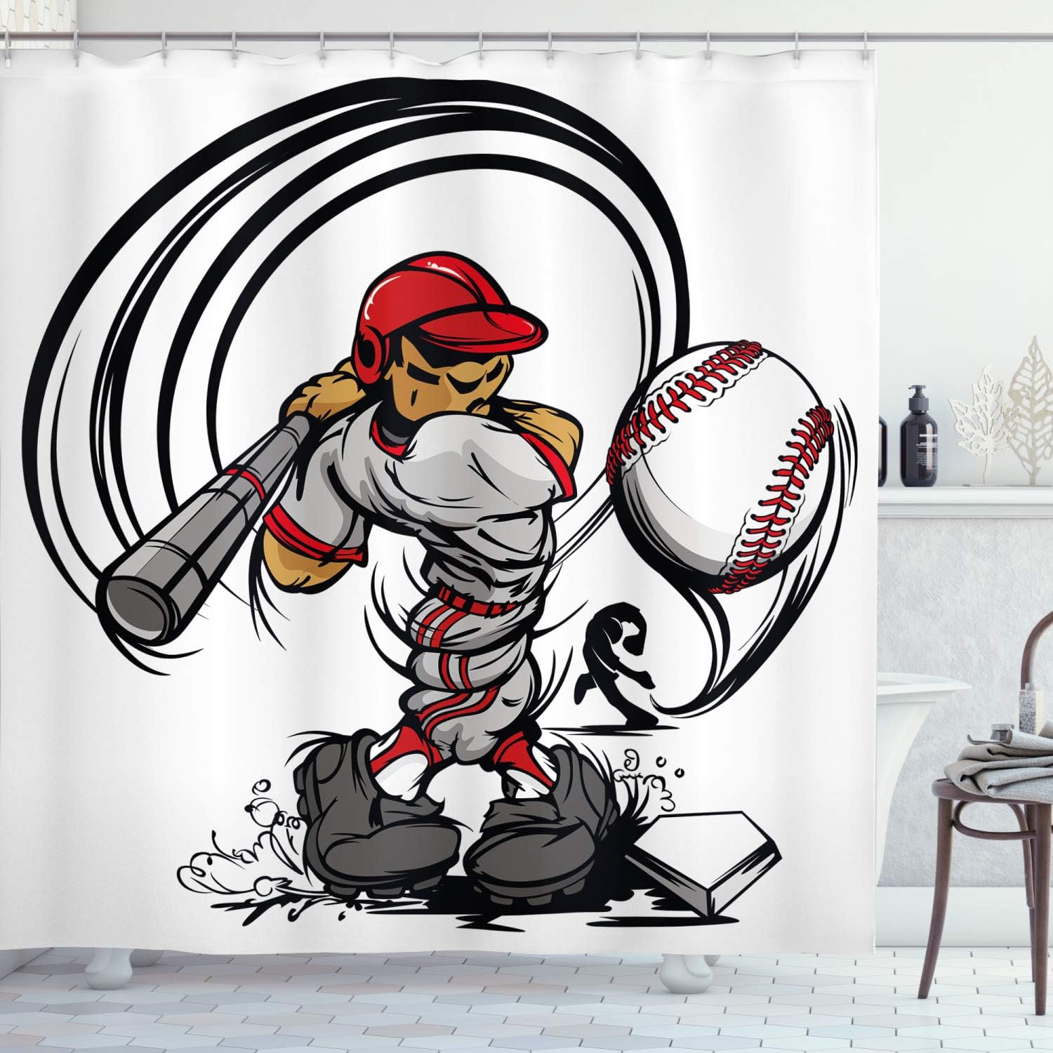 Ambesonne Baseball Cartoon Shower Curtain Style Player Hitting The Ball, Grey Red White Bathroom Decors