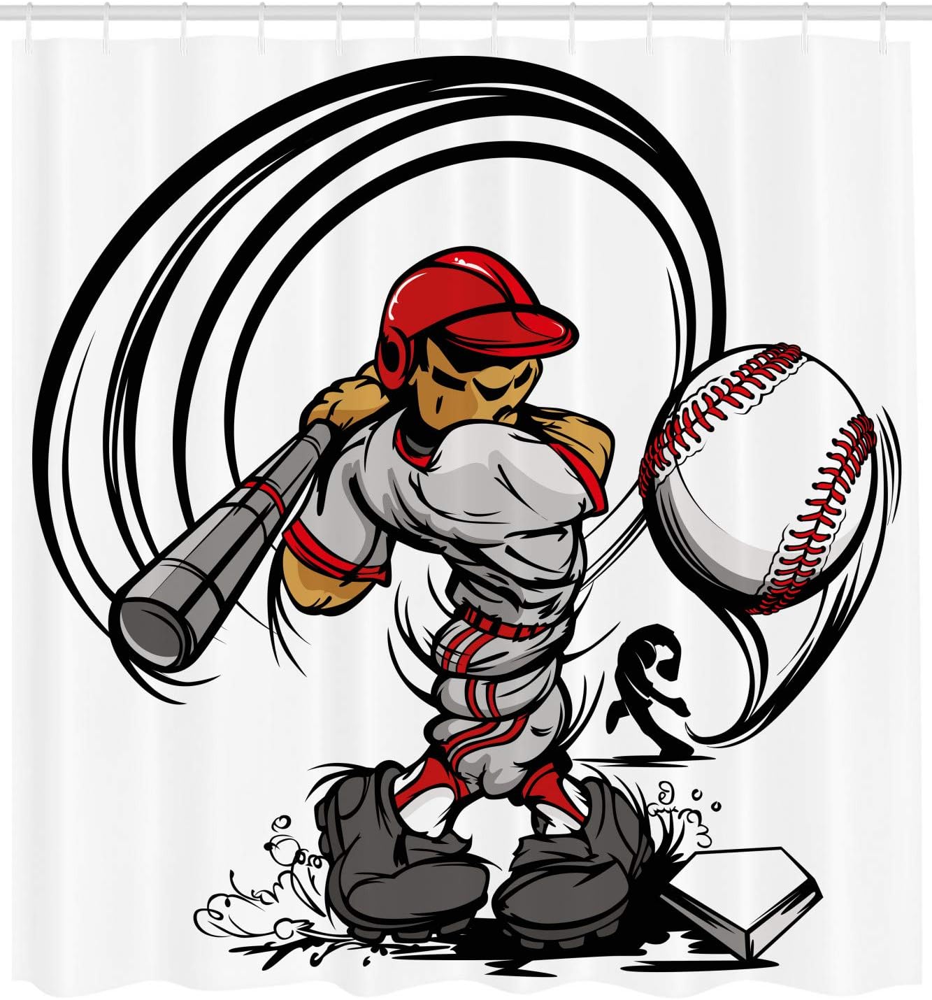 Ambesonne Baseball Cartoon Shower Curtain Style Player Hitting The Ball, Grey Red White Bathroom Decors - Image 2