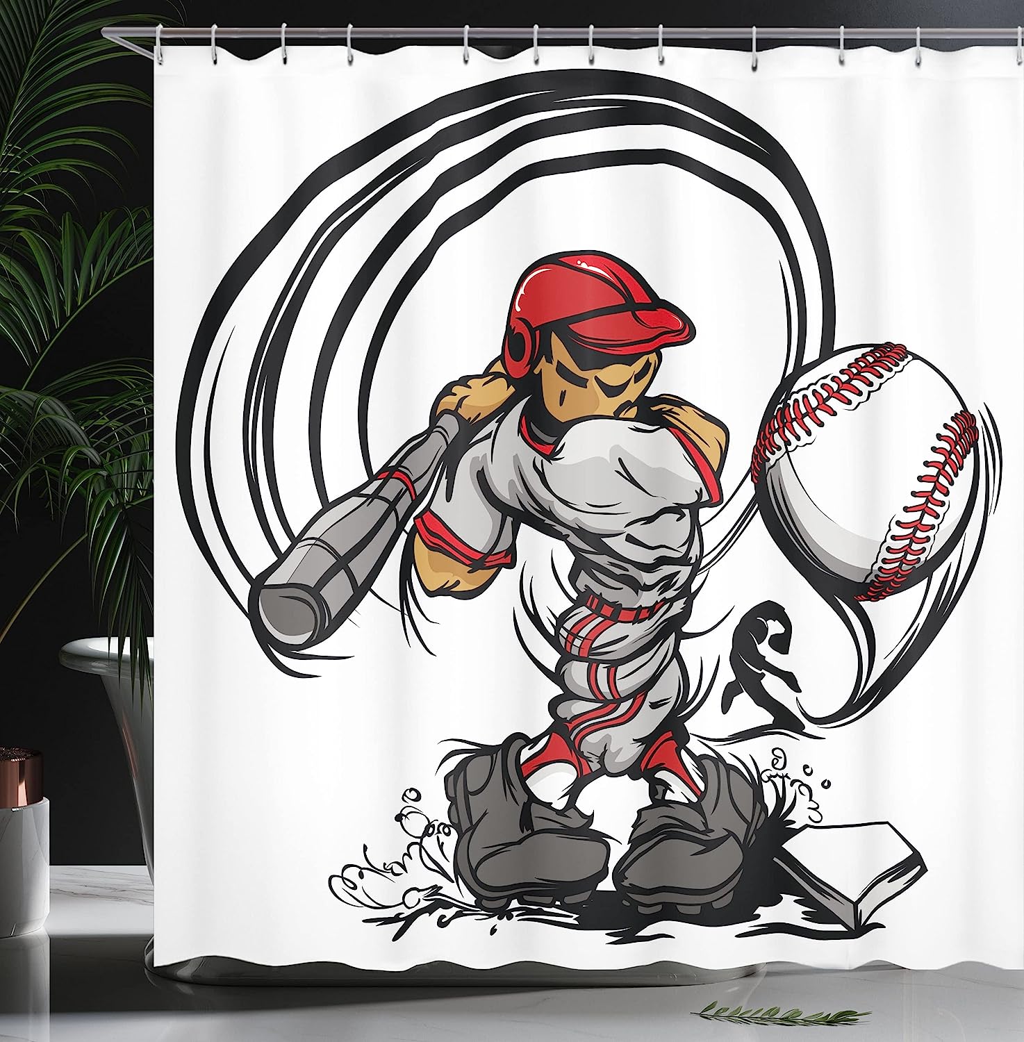 Ambesonne Baseball Cartoon Shower Curtain Style Player Hitting The Ball, Grey Red White Bathroom Decors - Image 3