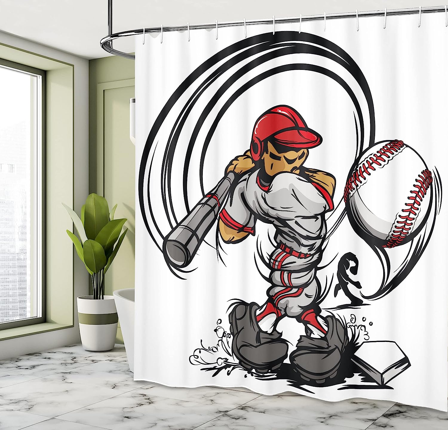 Ambesonne Baseball Cartoon Shower Curtain Style Player Hitting The Ball, Grey Red White Bathroom Decors - Image 4