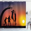 Ambesonne Boys Playing Basketball Sunset Horizon Sky Shower Curtain, Coral Black Yellow Bathroom Decor