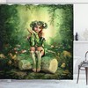 Ambesonne Elf Girl Shower Curtain With Wreath Head Sitting On A Tree Stump Bathroom Decor