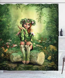 Ambesonne Elf Girl Shower Curtain With Wreath Head Sitting On A Tree Stump Bathroom Decor