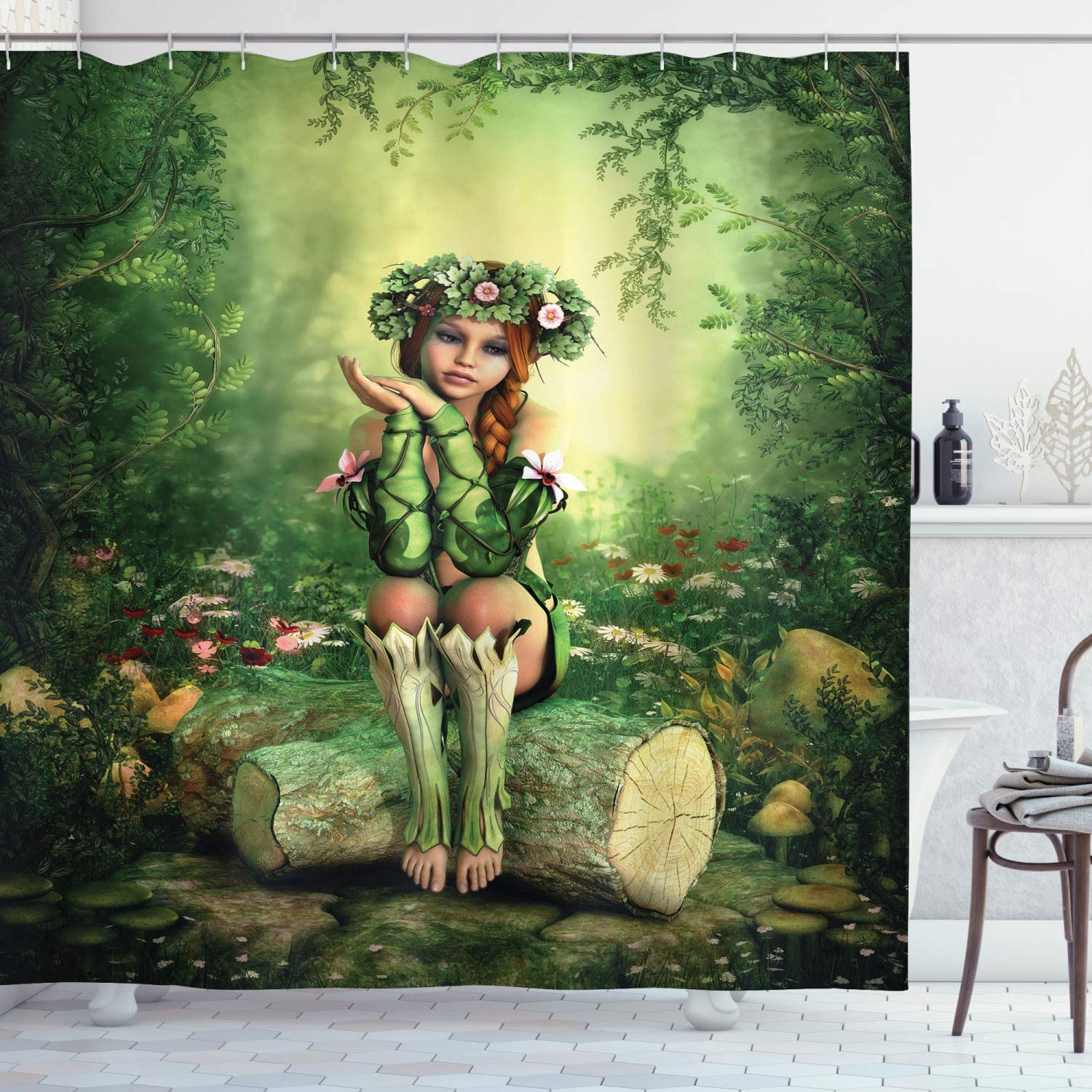 Ambesonne Elf Girl Shower Curtain With Wreath Head Sitting On A Tree Stump Bathroom Decor
