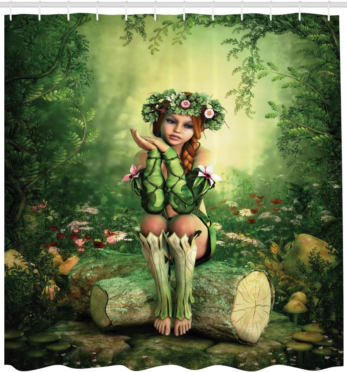 Ambesonne Elf Girl Shower Curtain With Wreath Head Sitting On A Tree Stump Bathroom Decor - Image 2