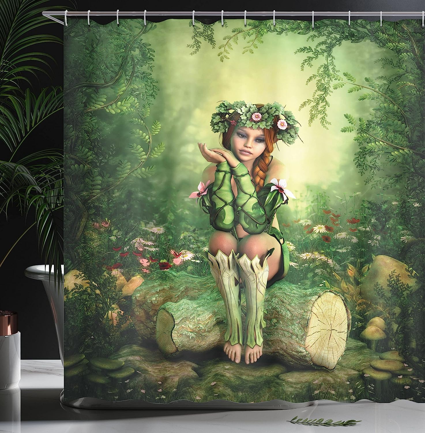 Ambesonne Elf Girl Shower Curtain With Wreath Head Sitting On A Tree Stump Bathroom Decor - Image 3