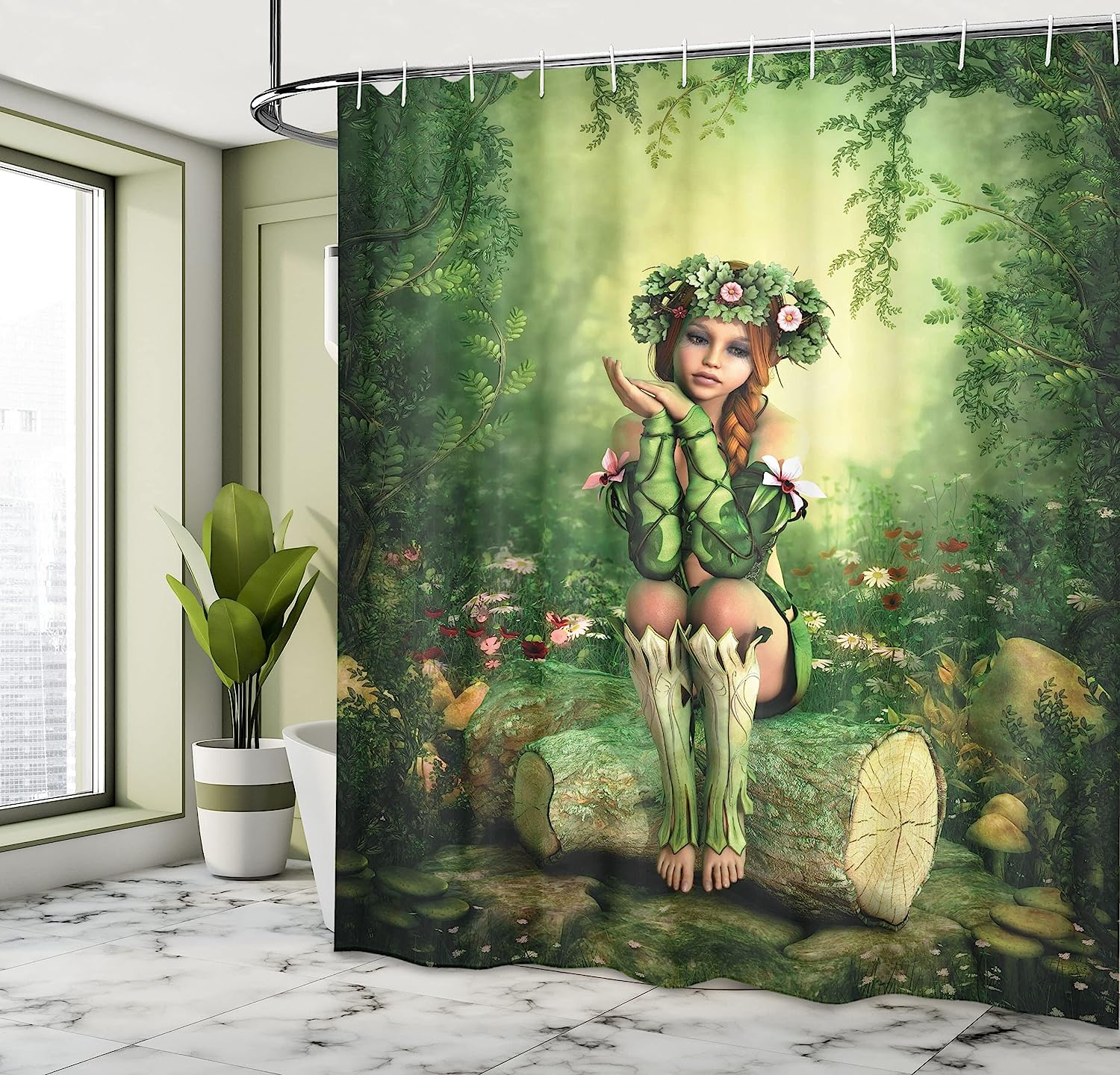 Ambesonne Elf Girl Shower Curtain With Wreath Head Sitting On A Tree Stump Bathroom Decor - Image 4