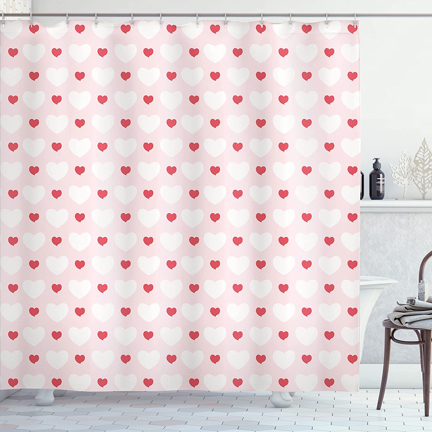 Ambesonne Feminine Love Shower Curtain With Small Big Hearts Love Antique Print, Cloth Fabric Bathroom Decors, Pale Pink