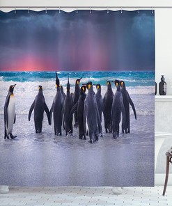Ambesonne King Penguins On Shore Shower Curtain With Sandy Beach Waves, Blue Pearl Bathroom Decors