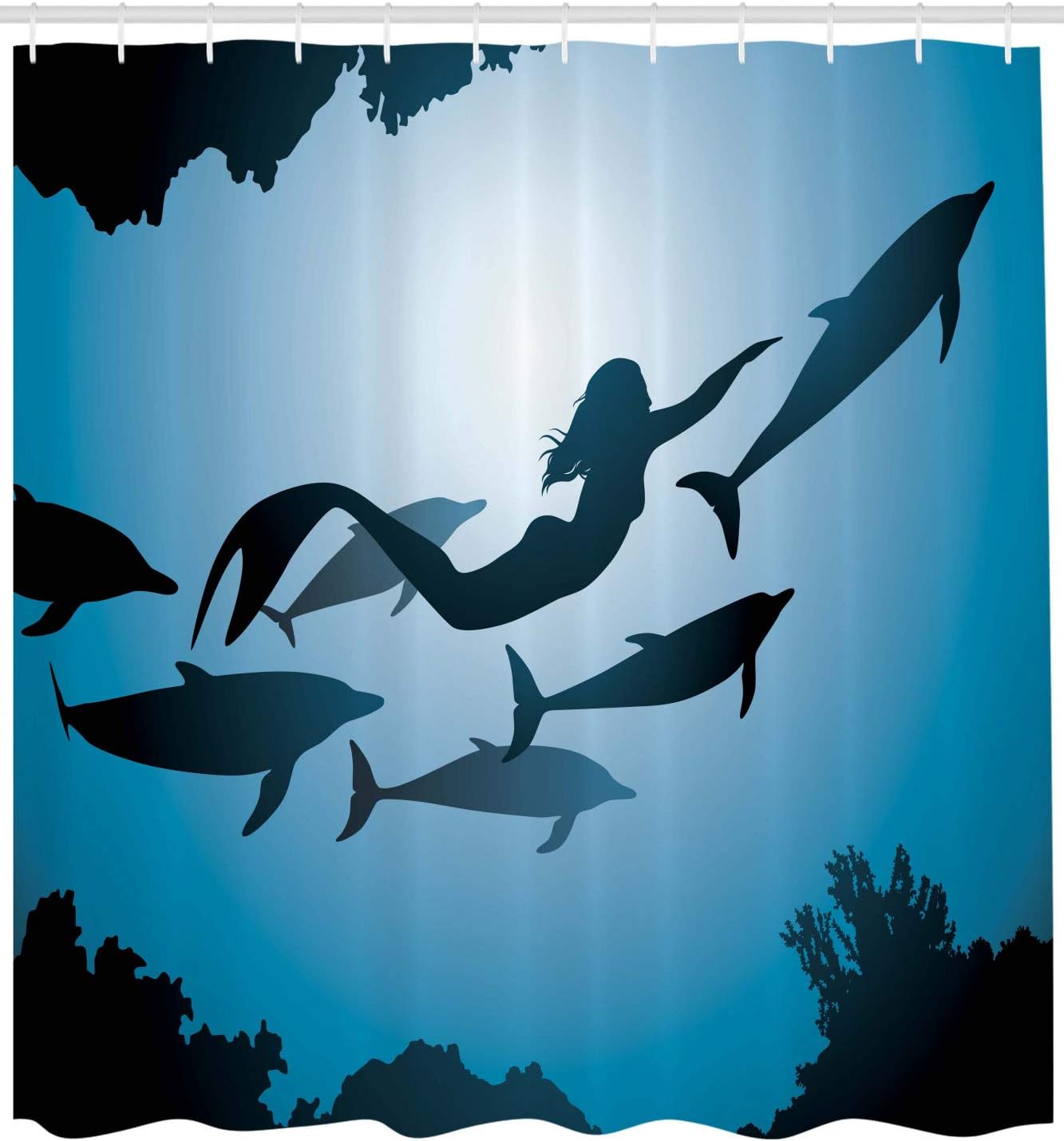 Ambesonne Mermaid And Dolphins Shower Curtain Underwater View Travel Diving Fin Sea Life, Blue Black Bathroom Decors - Image 2