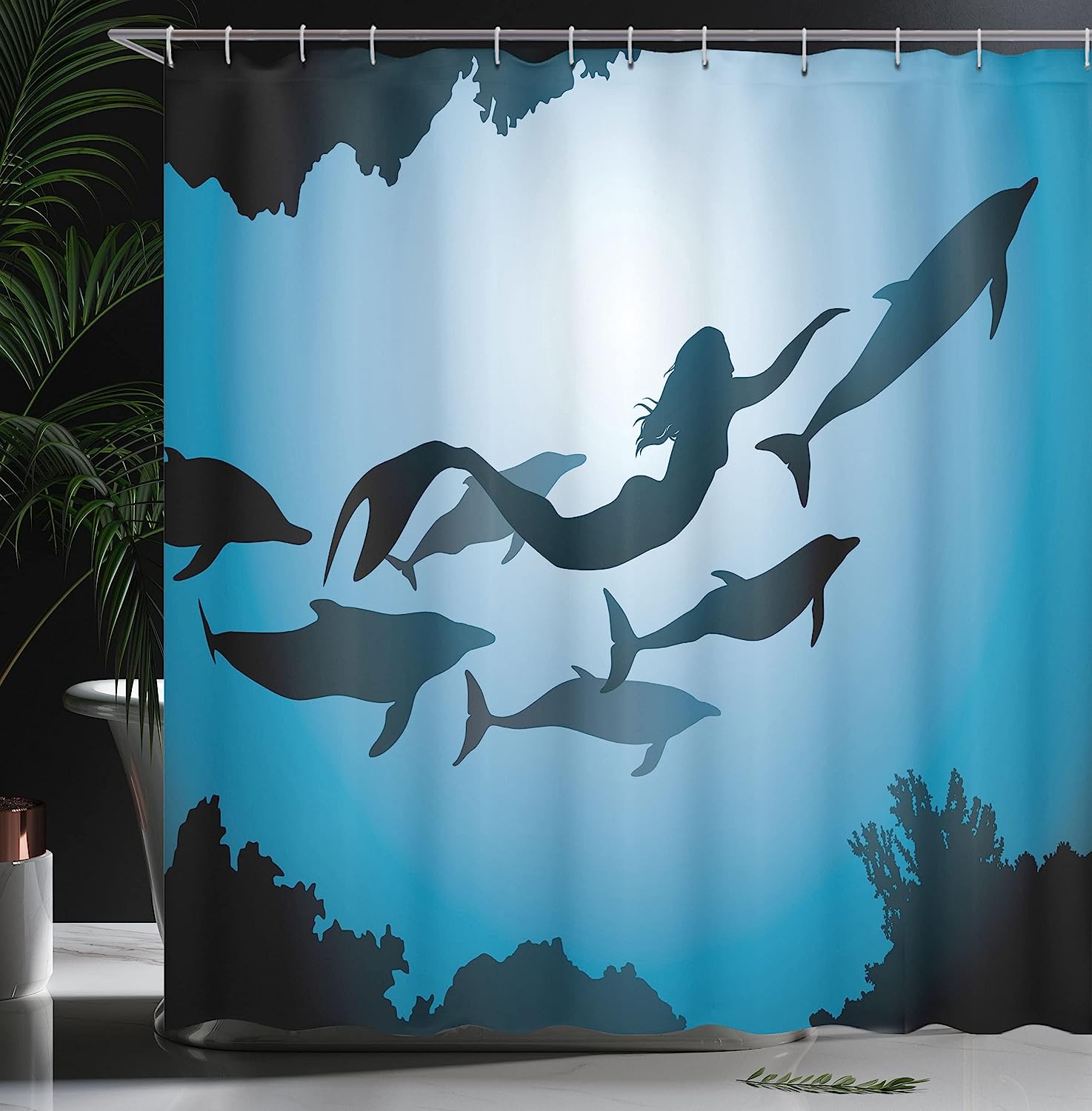 Ambesonne Mermaid And Dolphins Shower Curtain Underwater View Travel Diving Fin Sea Life, Blue Black Bathroom Decors - Image 3