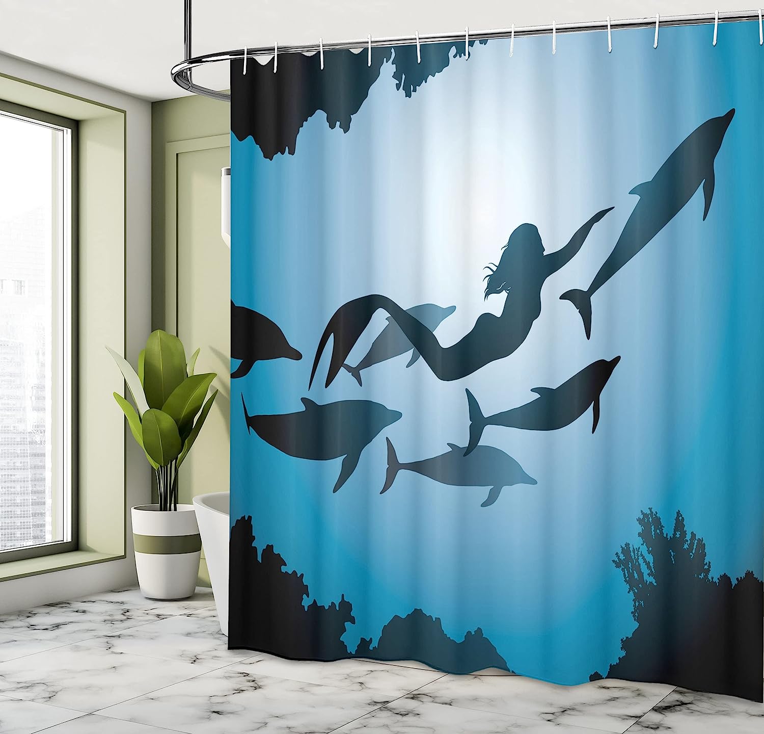 Ambesonne Mermaid And Dolphins Shower Curtain Underwater View Travel Diving Fin Sea Life, Blue Black Bathroom Decors - Image 4