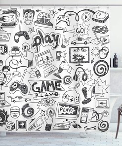 Ambesonne Monochrome Sketch Style Video Games Shower Curtain With Racing Monitor Device Gadget Teen 90'S