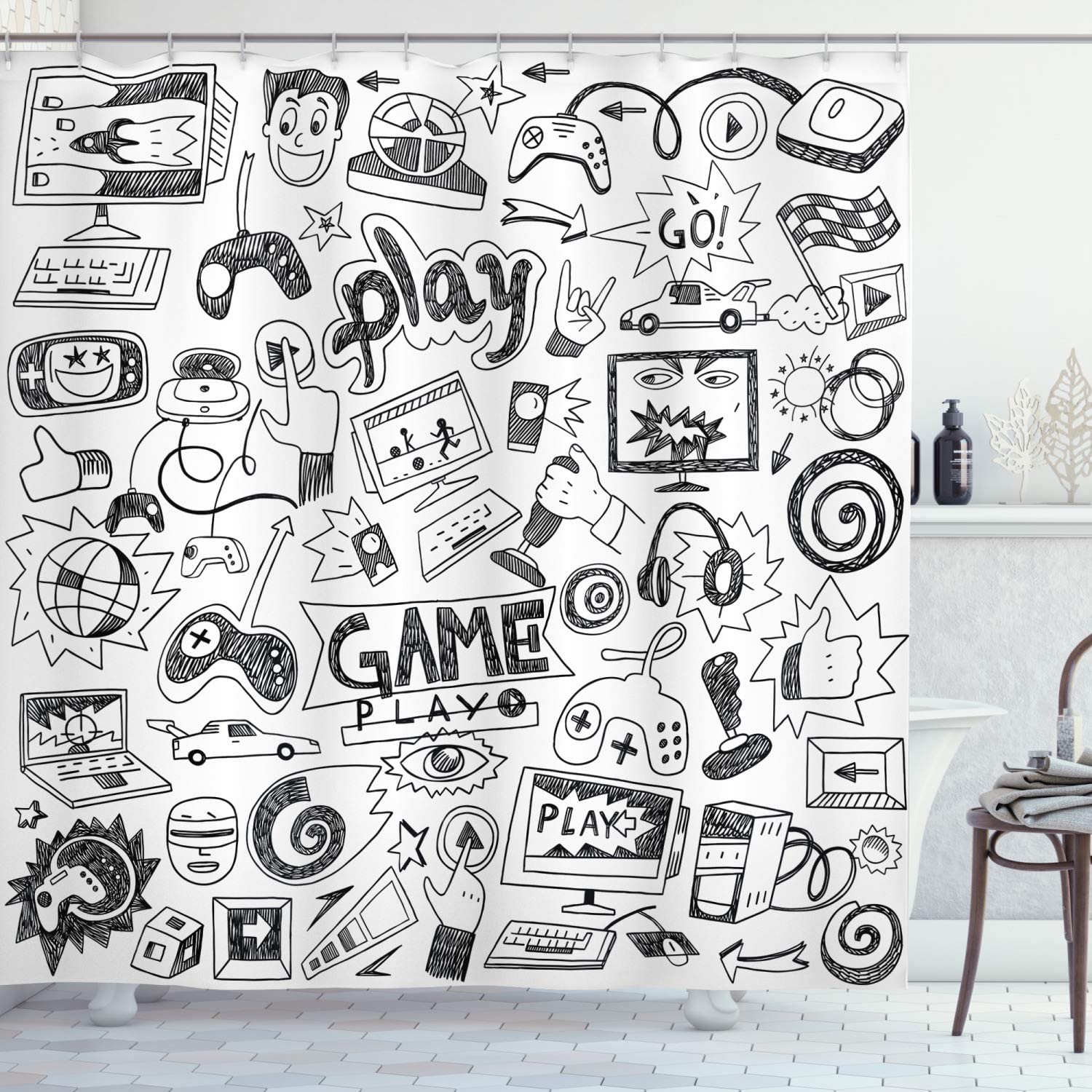 Ambesonne Monochrome Sketch Style Video Games Shower Curtain With Racing Monitor Device Gadget Teen 90'S