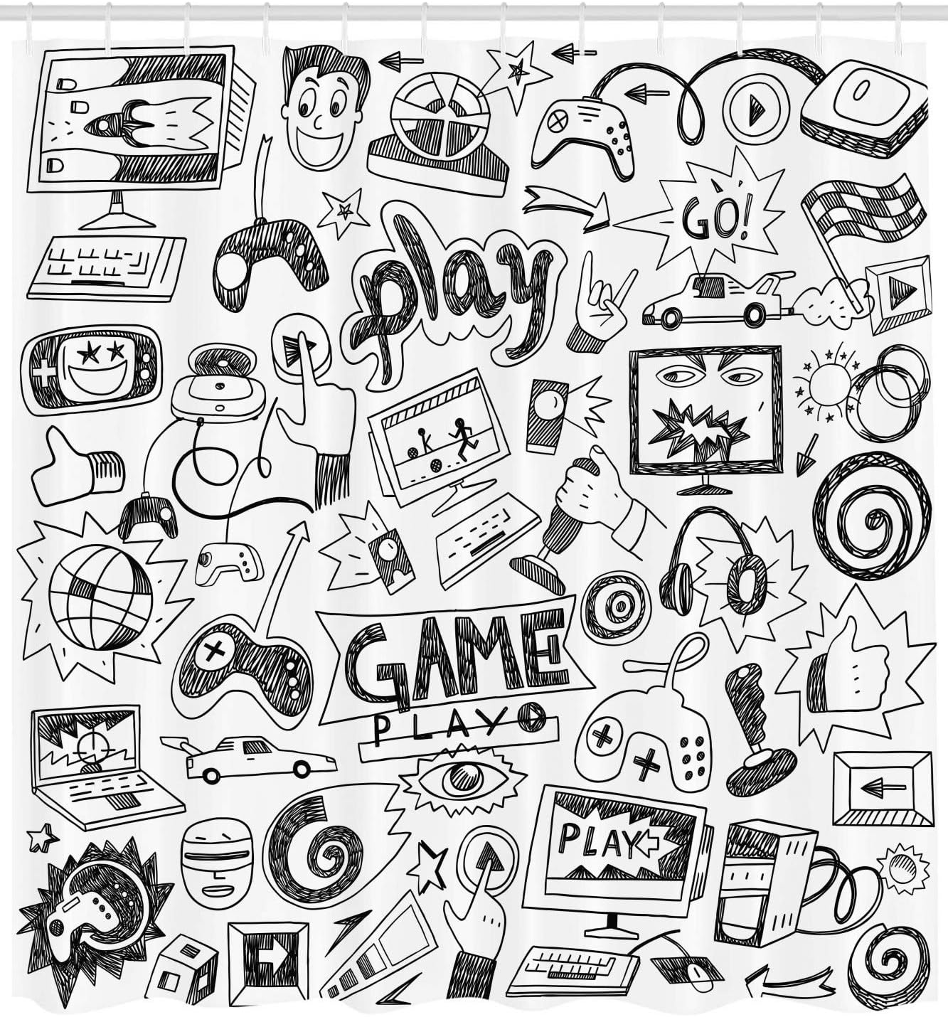 Ambesonne Monochrome Sketch Style Video Games Shower Curtain With Racing Monitor Device Gadget Teen 90'S - Image 2