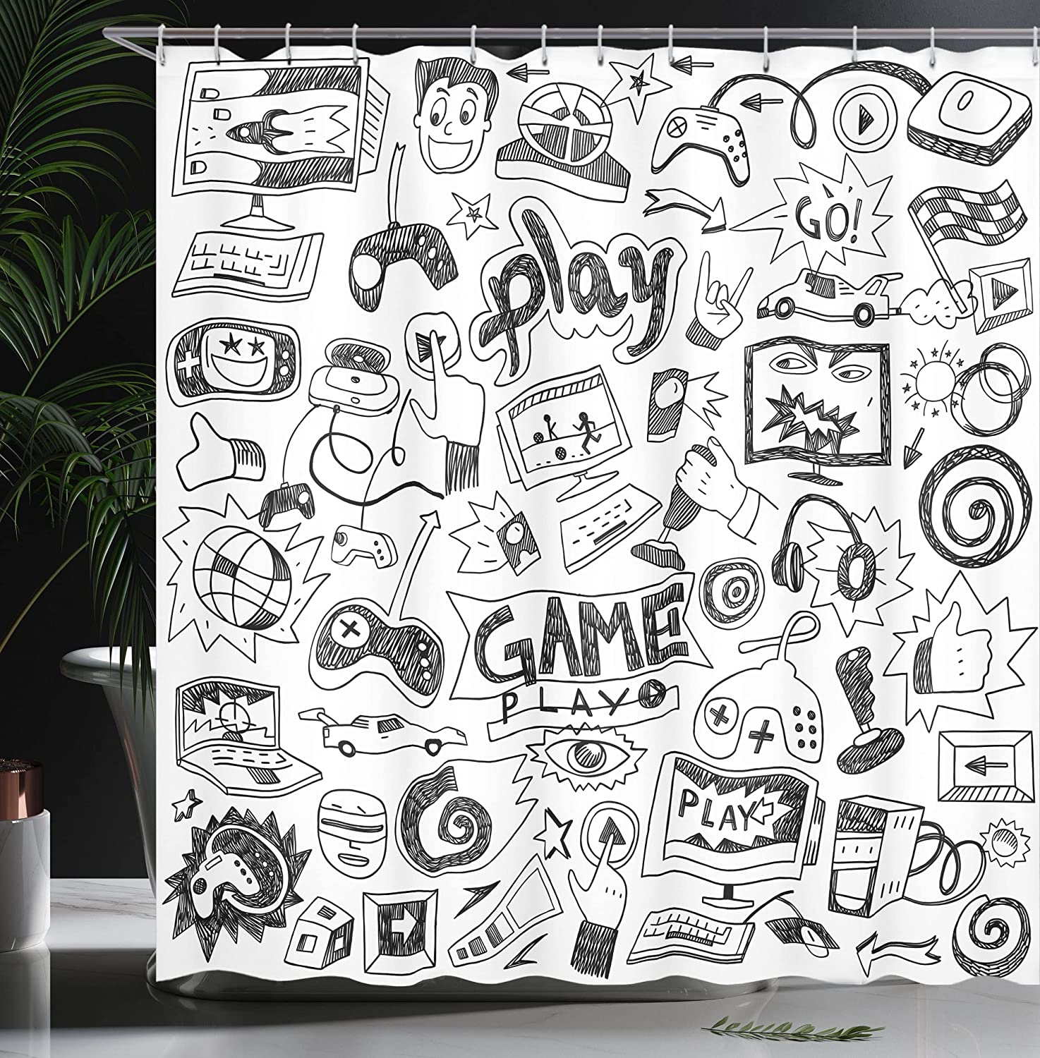Ambesonne Monochrome Sketch Style Video Games Shower Curtain With Racing Monitor Device Gadget Teen 90'S - Image 3