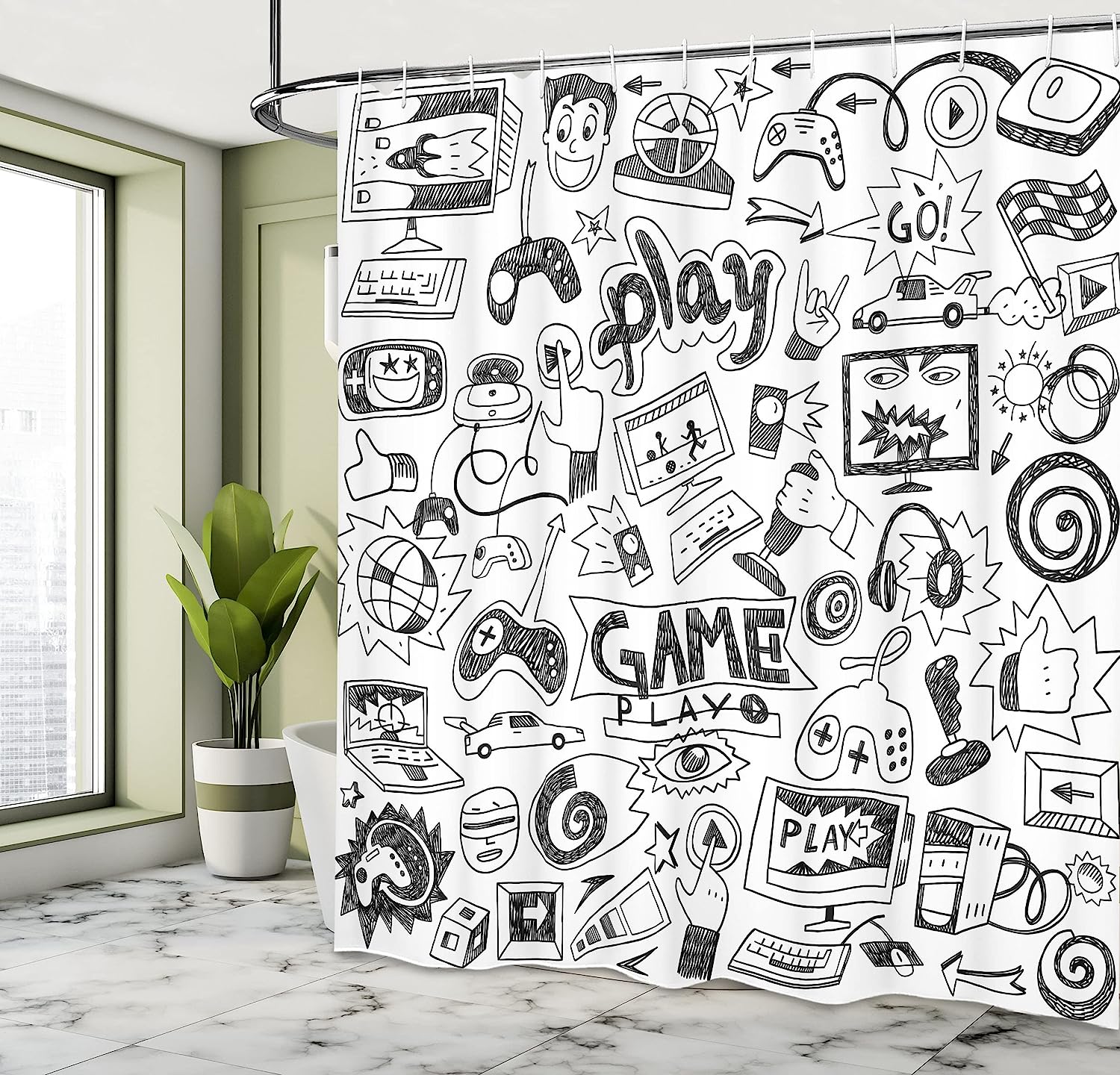 Ambesonne Monochrome Sketch Style Video Games Shower Curtain With Racing Monitor Device Gadget Teen 90'S - Image 4