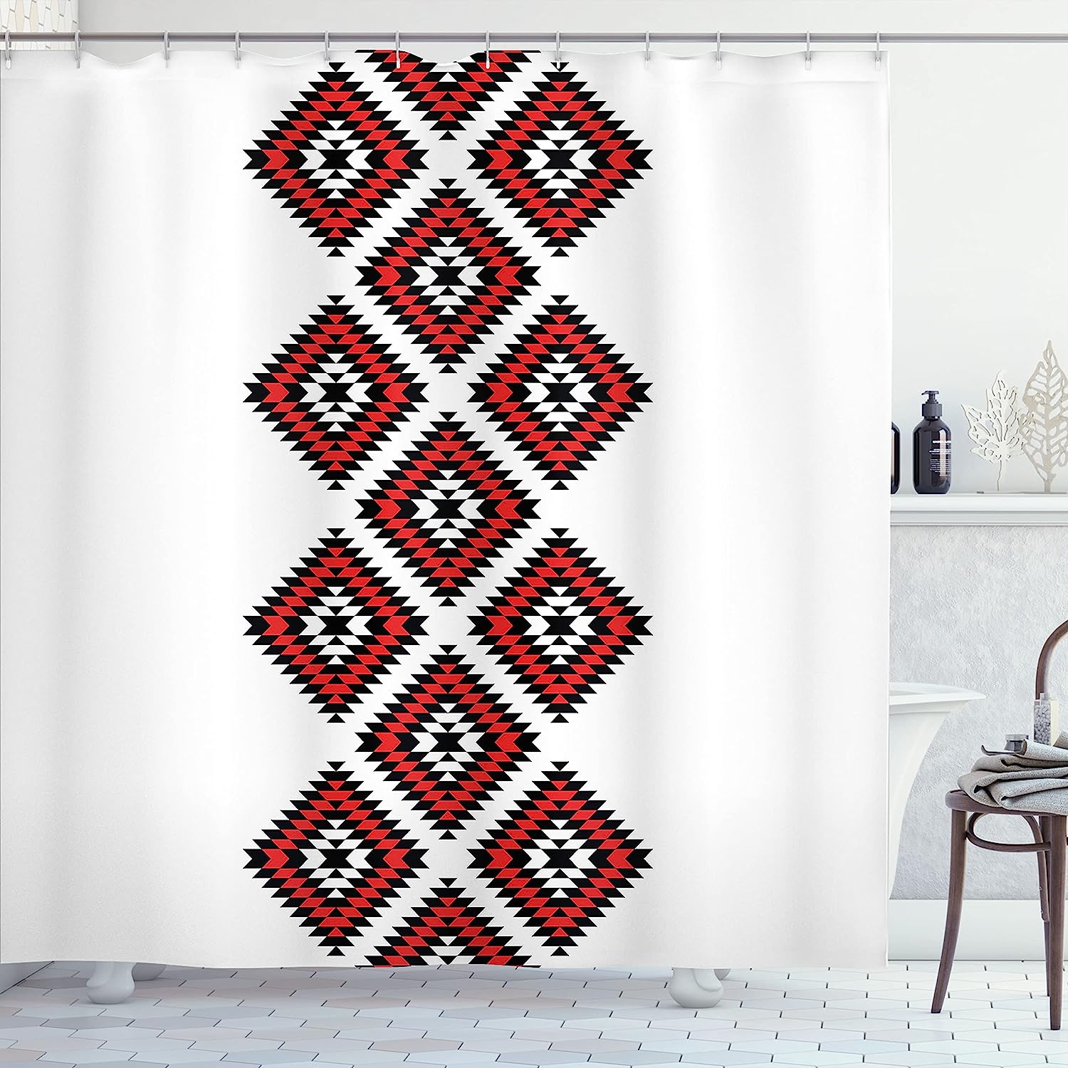 Ambesonne Native Design Shower Curtain With Zig Zag Aztec Motifs Ornaments Image, Vermilion And White Bathroom Decors