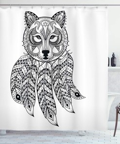 Ambesonne Native Wolf Head Shower Curtain With Paisley Details Print, White And Black Bathroom Decor