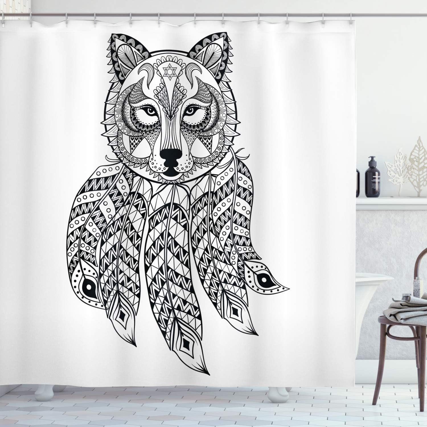 Ambesonne Native Wolf Head Shower Curtain With Paisley Details Print, White And Black Bathroom Decor