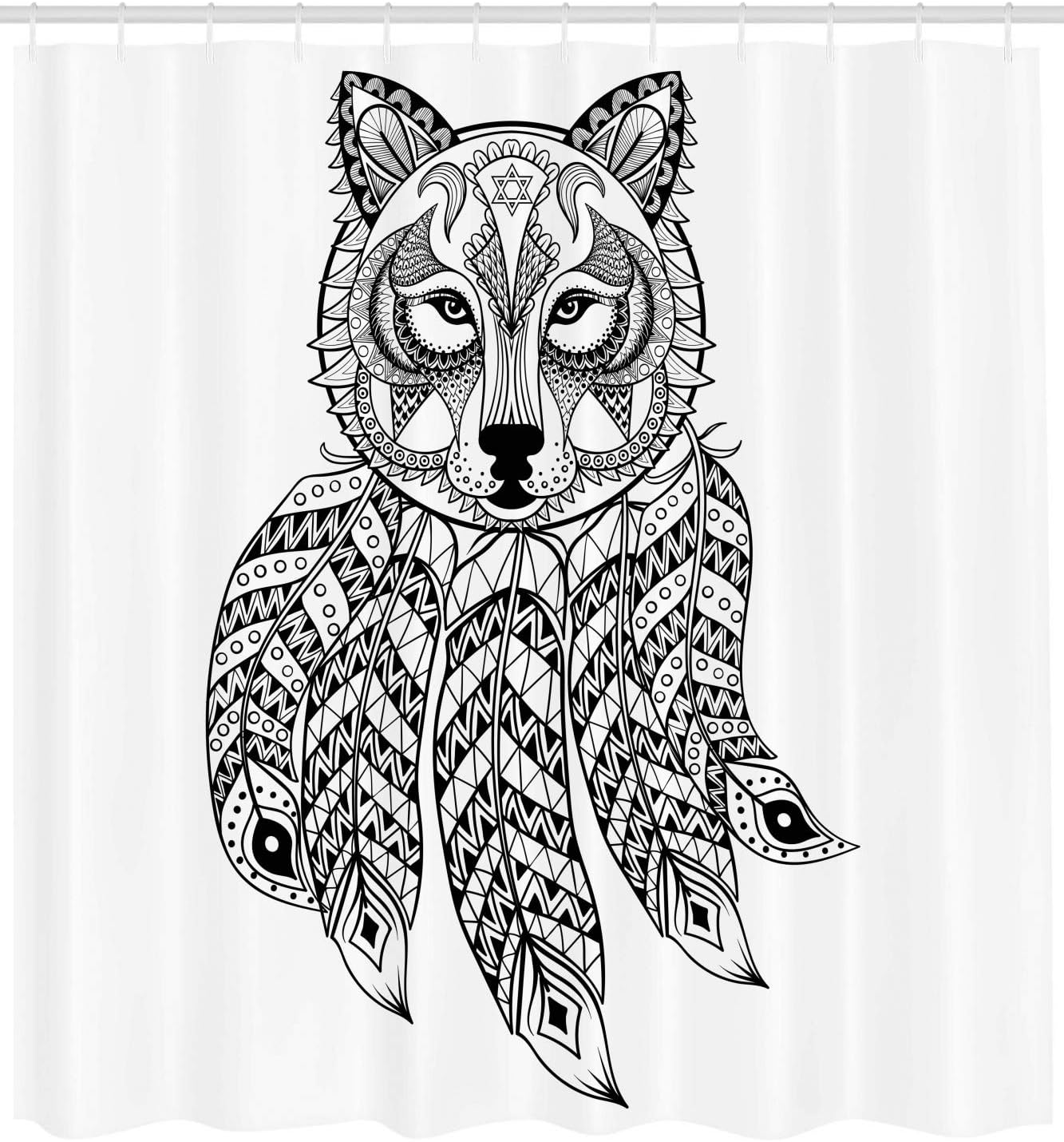 Ambesonne Native Wolf Head Shower Curtain With Paisley Details Print, White And Black Bathroom Decor - Image 2