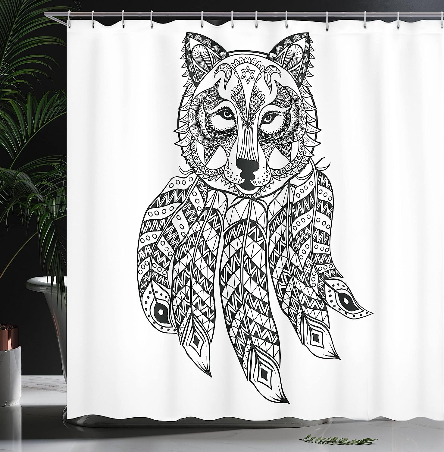 Ambesonne Native Wolf Head Shower Curtain With Paisley Details Print, White And Black Bathroom Decor - Image 3