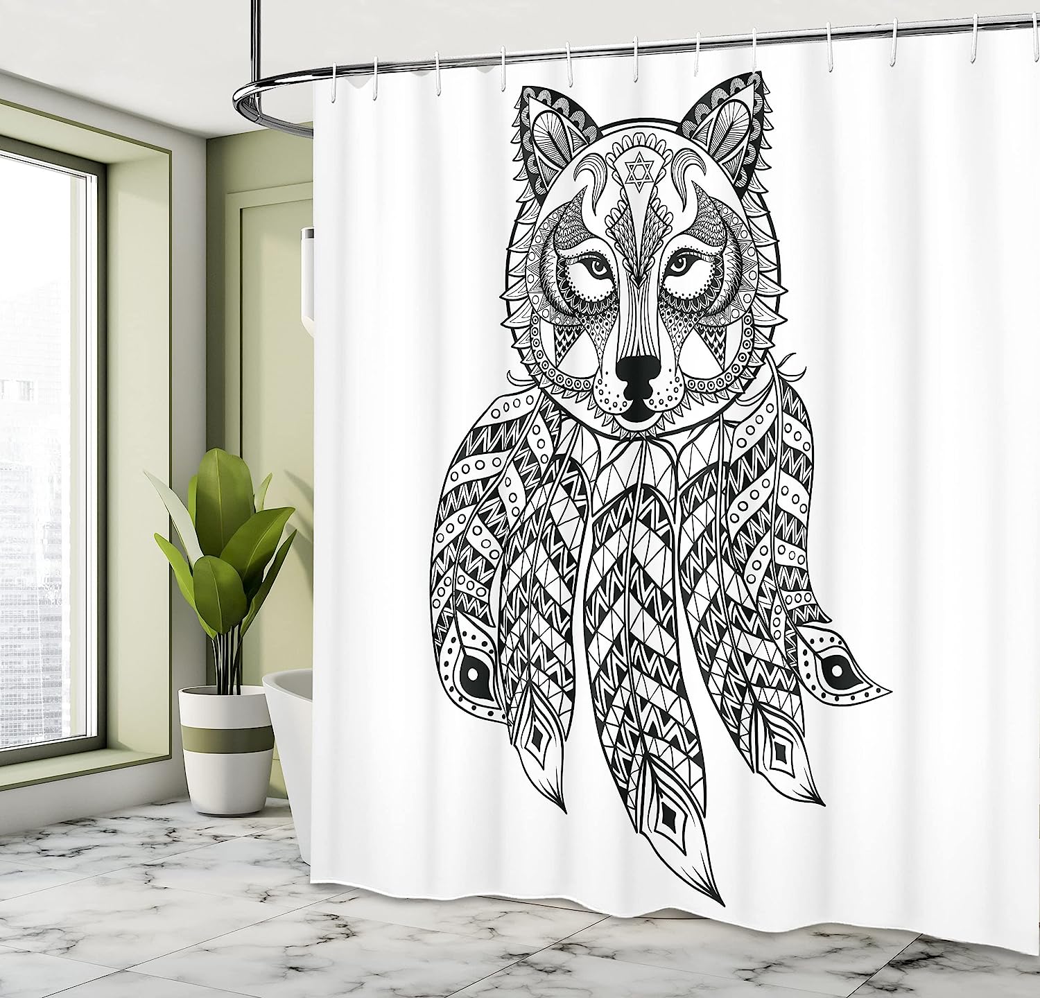 Ambesonne Native Wolf Head Shower Curtain With Paisley Details Print, White And Black Bathroom Decor - Image 4