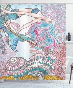 Ambesonne Siren Mermaid Shower Curtain With Cartoon Woman In Sea Print, Cloth Fabric Bathroom Decors, Pink Blue