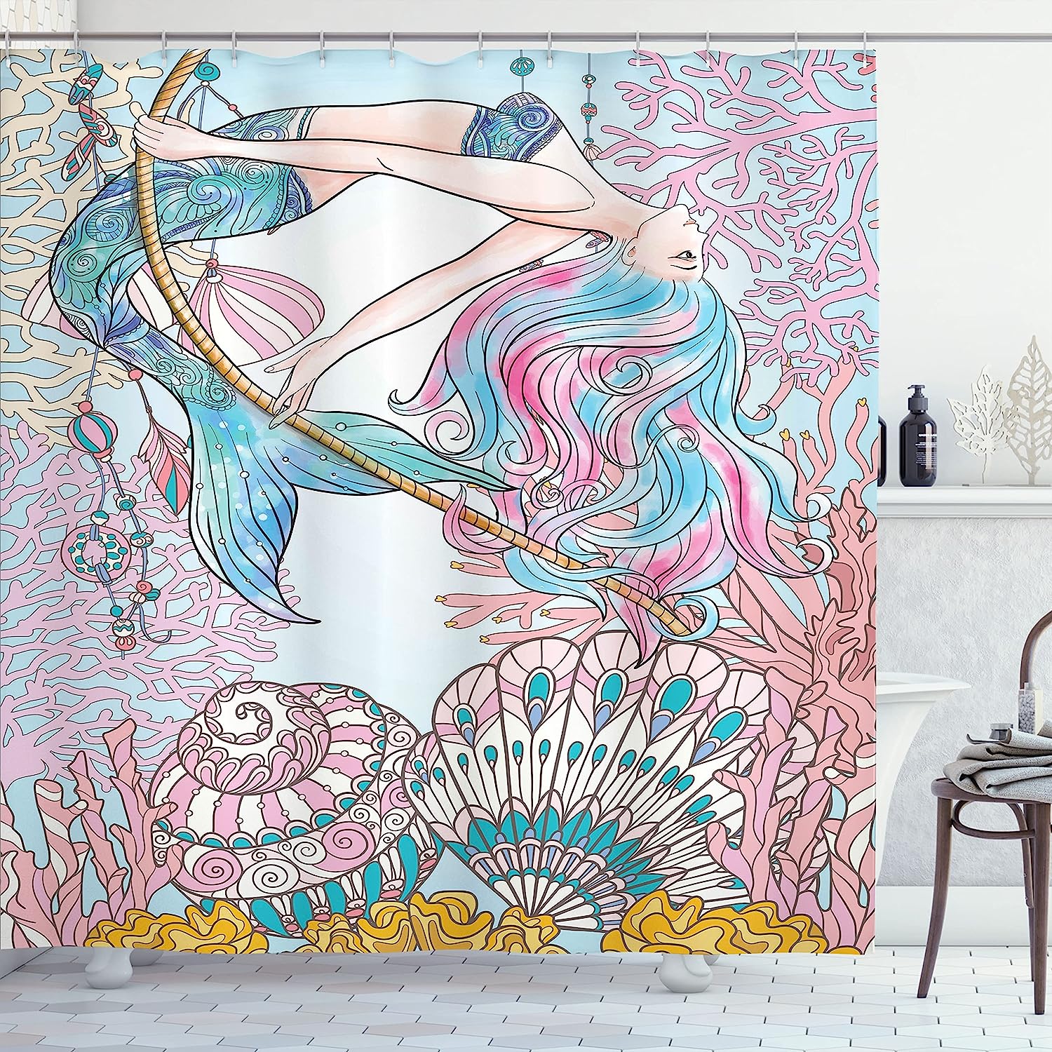 Ambesonne Siren Mermaid Shower Curtain With Cartoon Woman In Sea Print, Cloth Fabric Bathroom Decors, Pink Blue