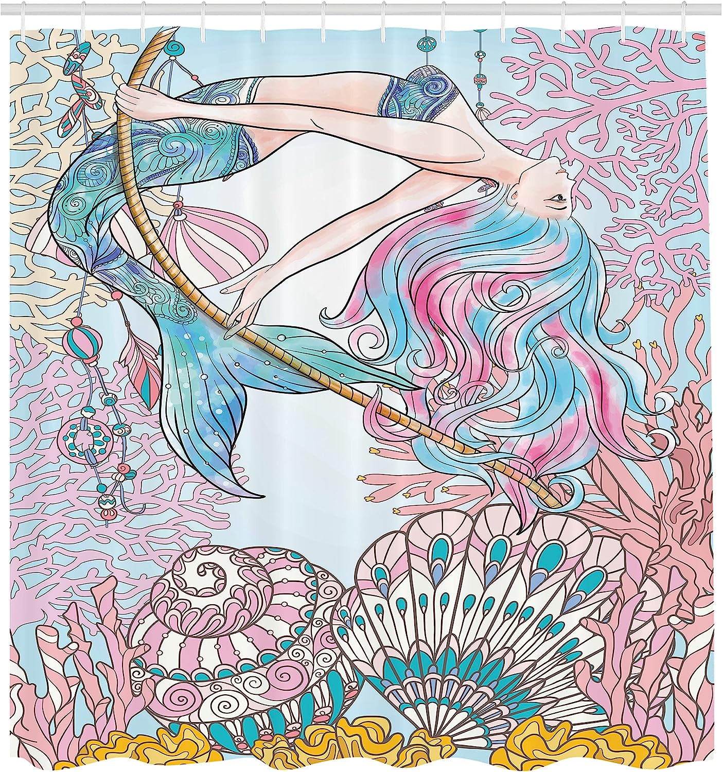 Ambesonne Siren Mermaid Shower Curtain With Cartoon Woman In Sea Print, Cloth Fabric Bathroom Decors, Pink Blue - Image 2
