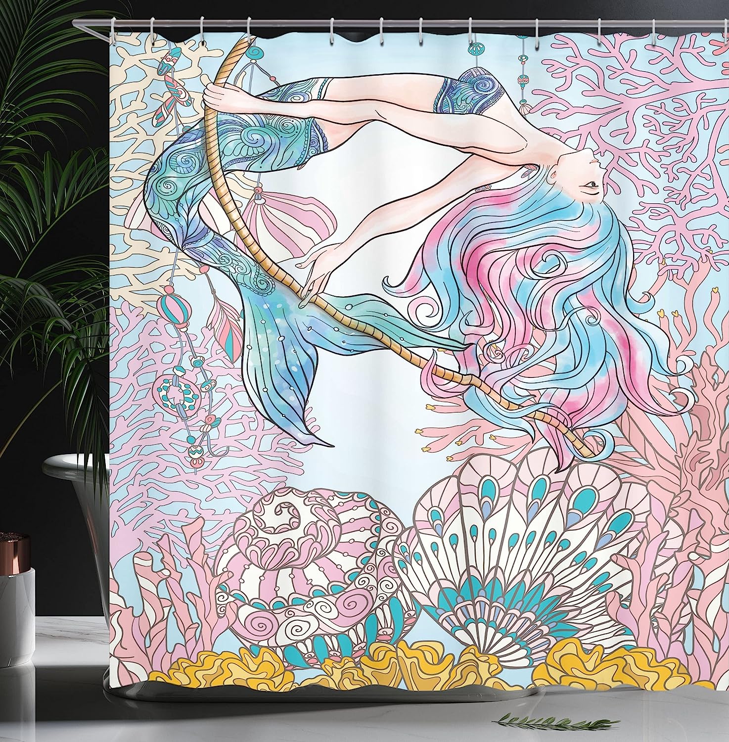 Ambesonne Siren Mermaid Shower Curtain With Cartoon Woman In Sea Print, Cloth Fabric Bathroom Decors, Pink Blue - Image 3