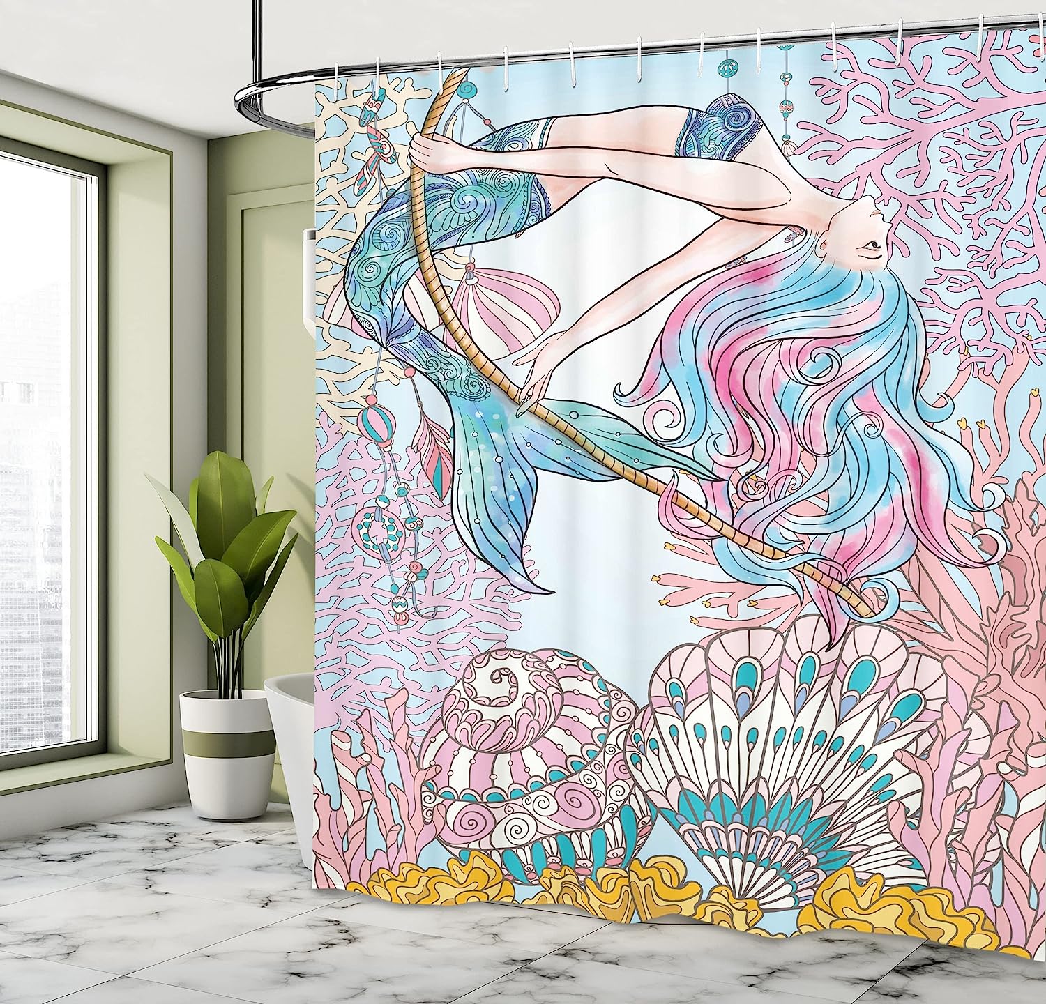 Ambesonne Siren Mermaid Shower Curtain With Cartoon Woman In Sea Print, Cloth Fabric Bathroom Decors, Pink Blue - Image 4