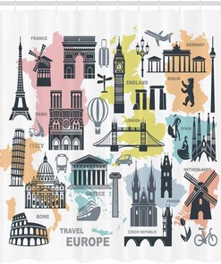Ambesonne Travel And Europe Themed Shower Curtain With Maps Print, Purpleblue Multicolor Bathroom Decor