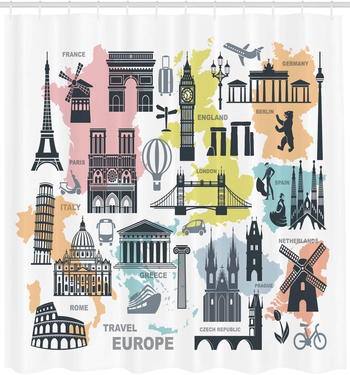 Ambesonne Travel And Europe Themed Shower Curtain With Maps Print, Purpleblue Multicolor Bathroom Decor