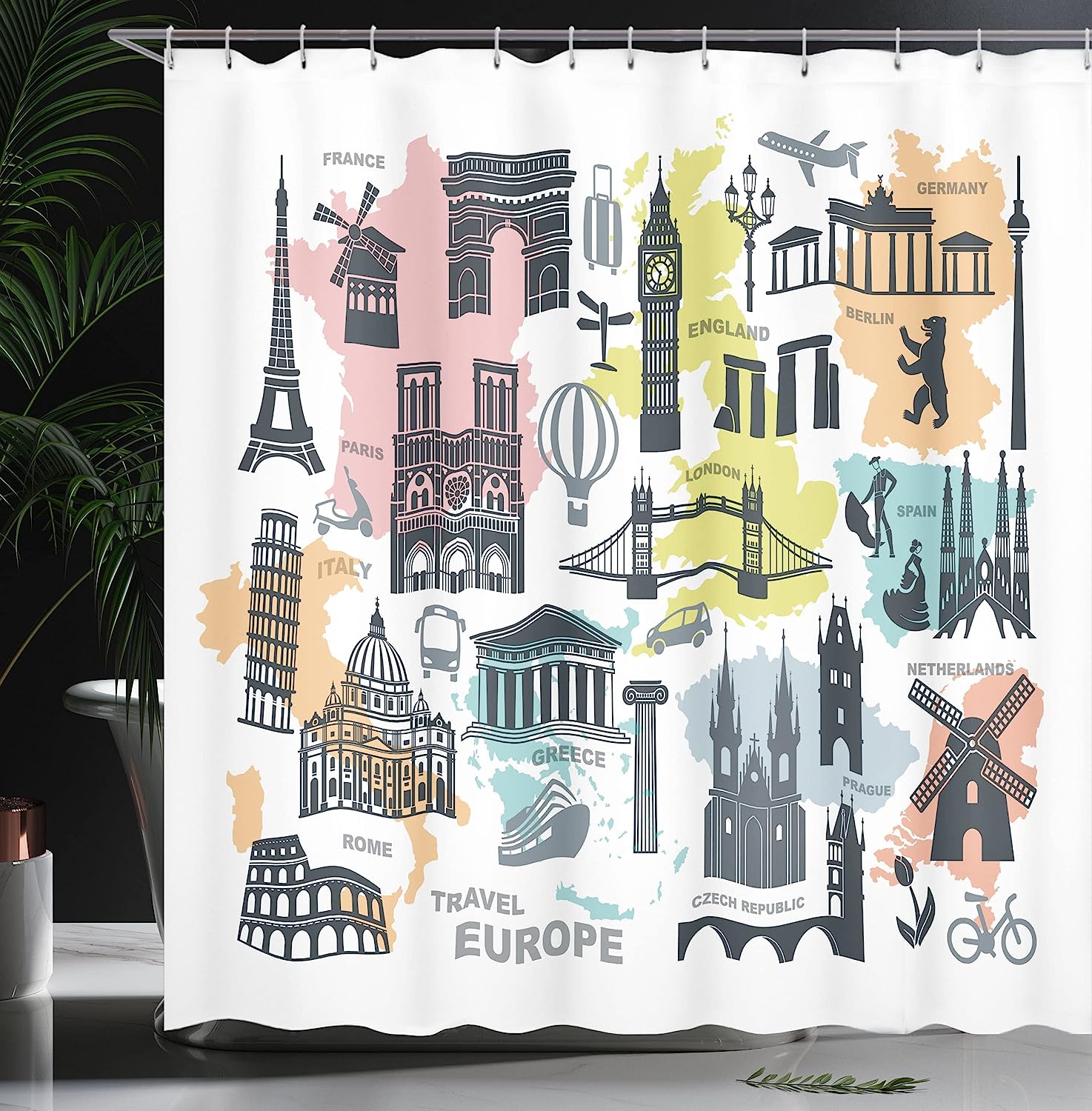 Ambesonne Travel And Europe Themed Shower Curtain With Maps Print, Purpleblue Multicolor Bathroom Decor - Image 2