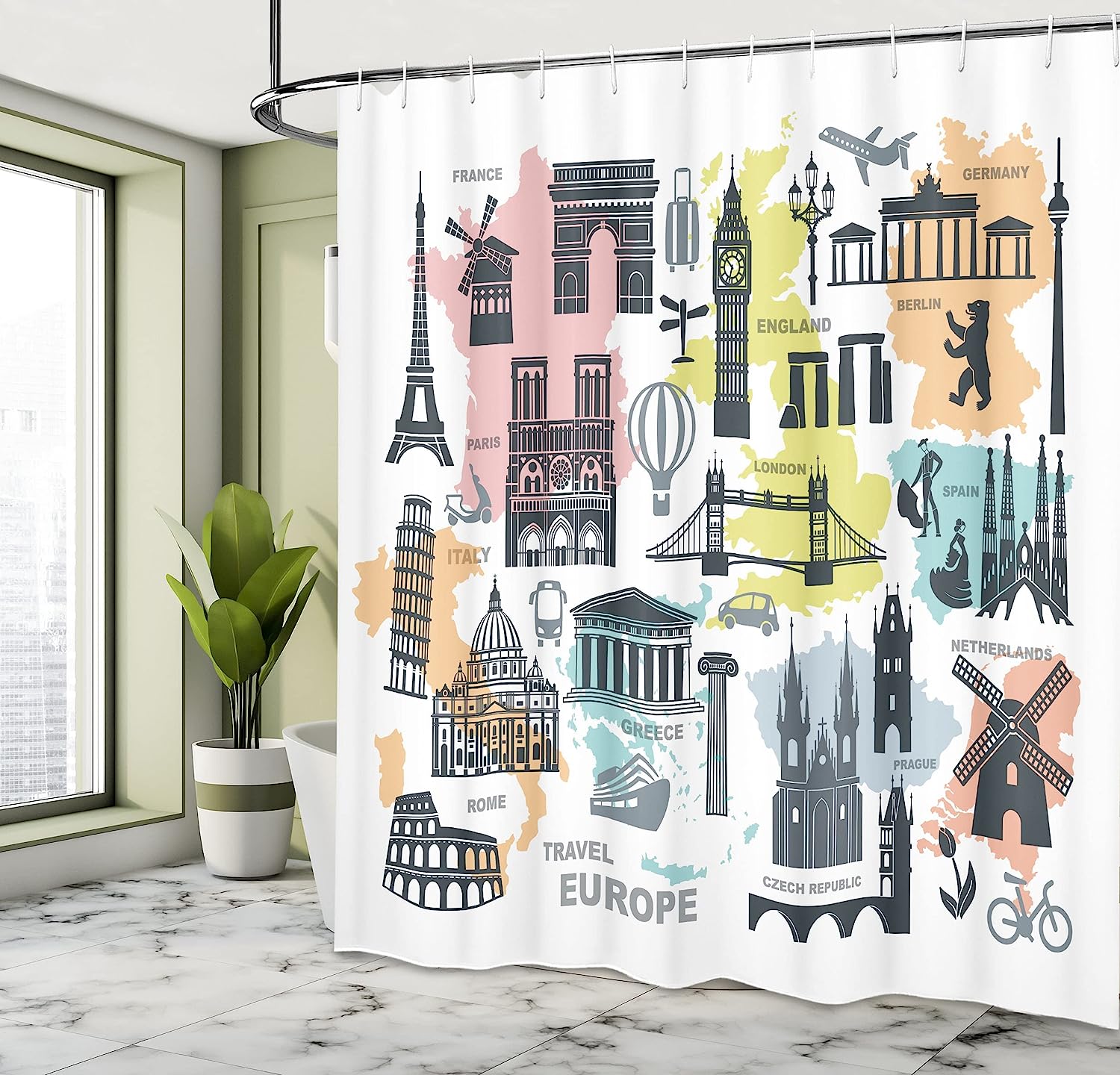 Ambesonne Travel And Europe Themed Shower Curtain With Maps Print, Purpleblue Multicolor Bathroom Decor - Image 3